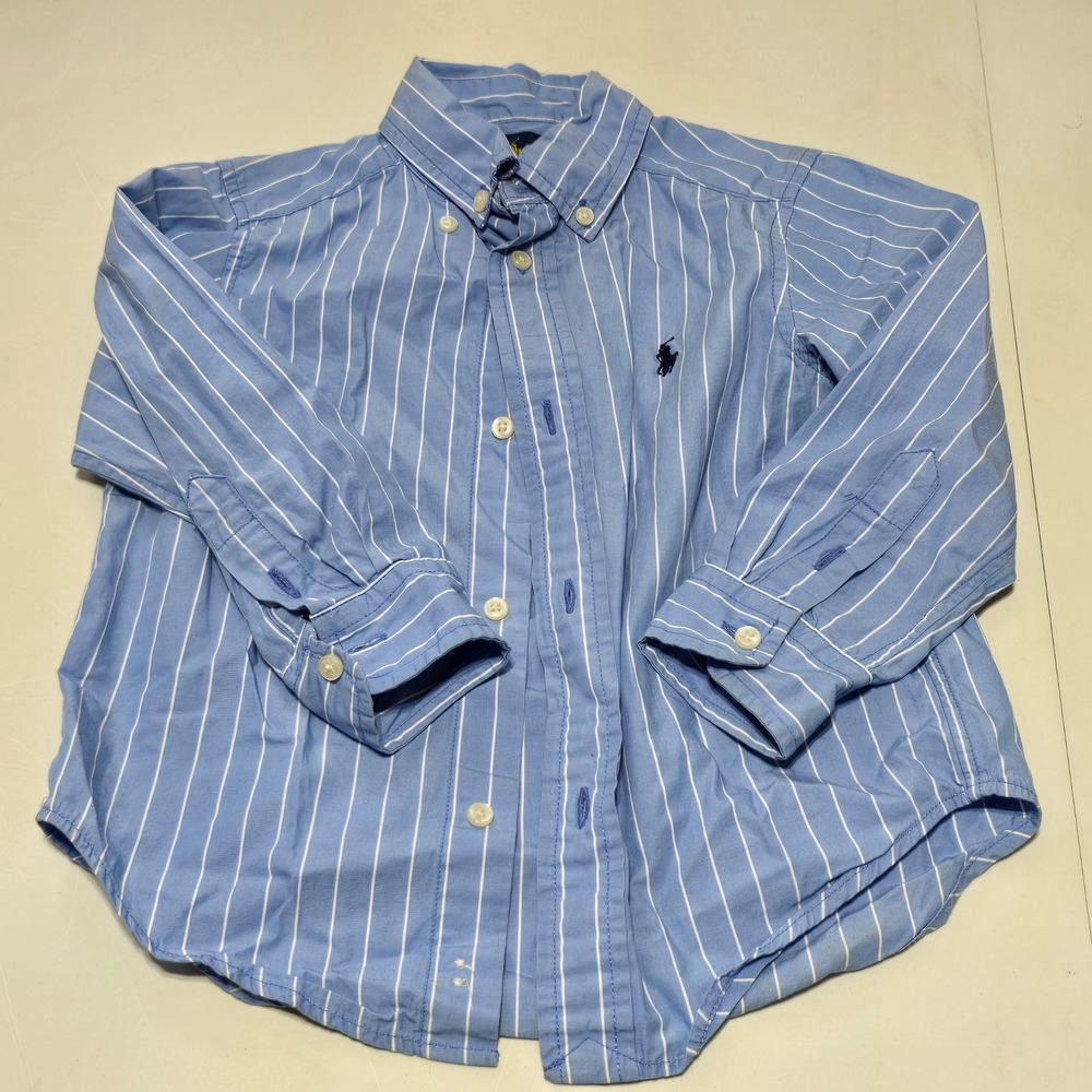 Ralph Lauren Button Down Shirt Boys 3T Blue White Striped Long Sleeve Pony Logo